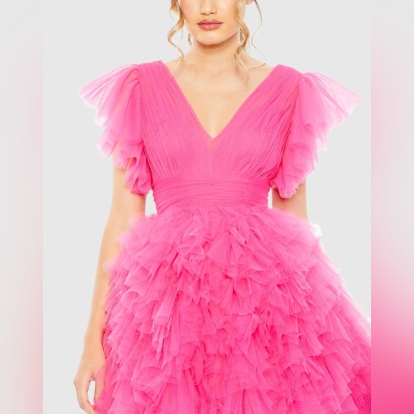 Mac Duggal 20505 NWT Pink Flutter Ruffle Sleeve Tiered Dress - Picture 4 of 8